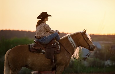 A picture of a rider with her cow horse on the road