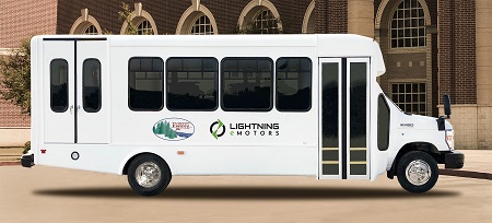 A side exterior photo of the electric bus Forest River will produce with Lighting eMotors' electric powertrains