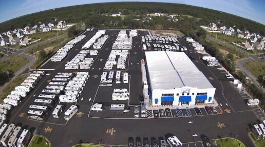 An aerial view of the Scott Motor Coach Sales lot in Toms River, New Jersey