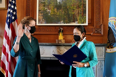 A picture of Bureau of Land Management Director Tracey Stone-Manning being sworn in