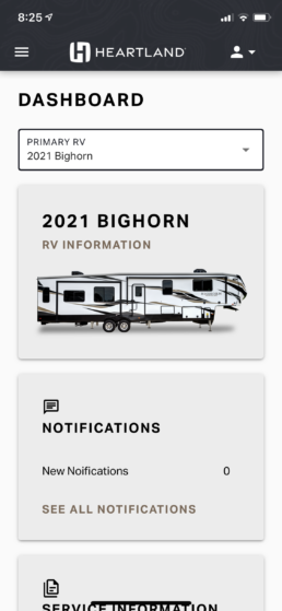 A picture of a screen in the Heartland RV consumer app.