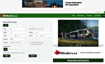 A screenshot from the RVDealers.ca website