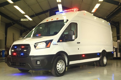 A picture of Rev Group's first electric ambulance before delivery