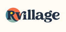 A picture of the RV Village logo 2022 with an orange and teal-colored circle behind a stylized R