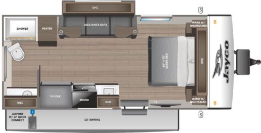 A picture of the 2025 183FBS Jay Feather Micro floorplan.