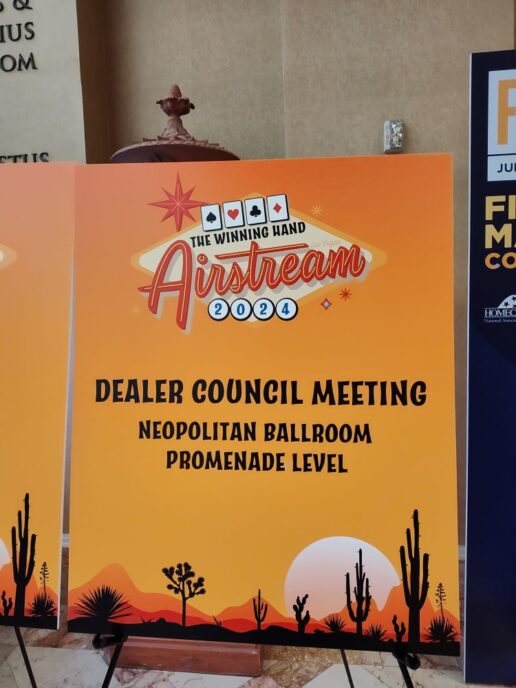 A picture of the Airstream Dealer Council Meeting sign at Caesar's Palace Las Vegas.
