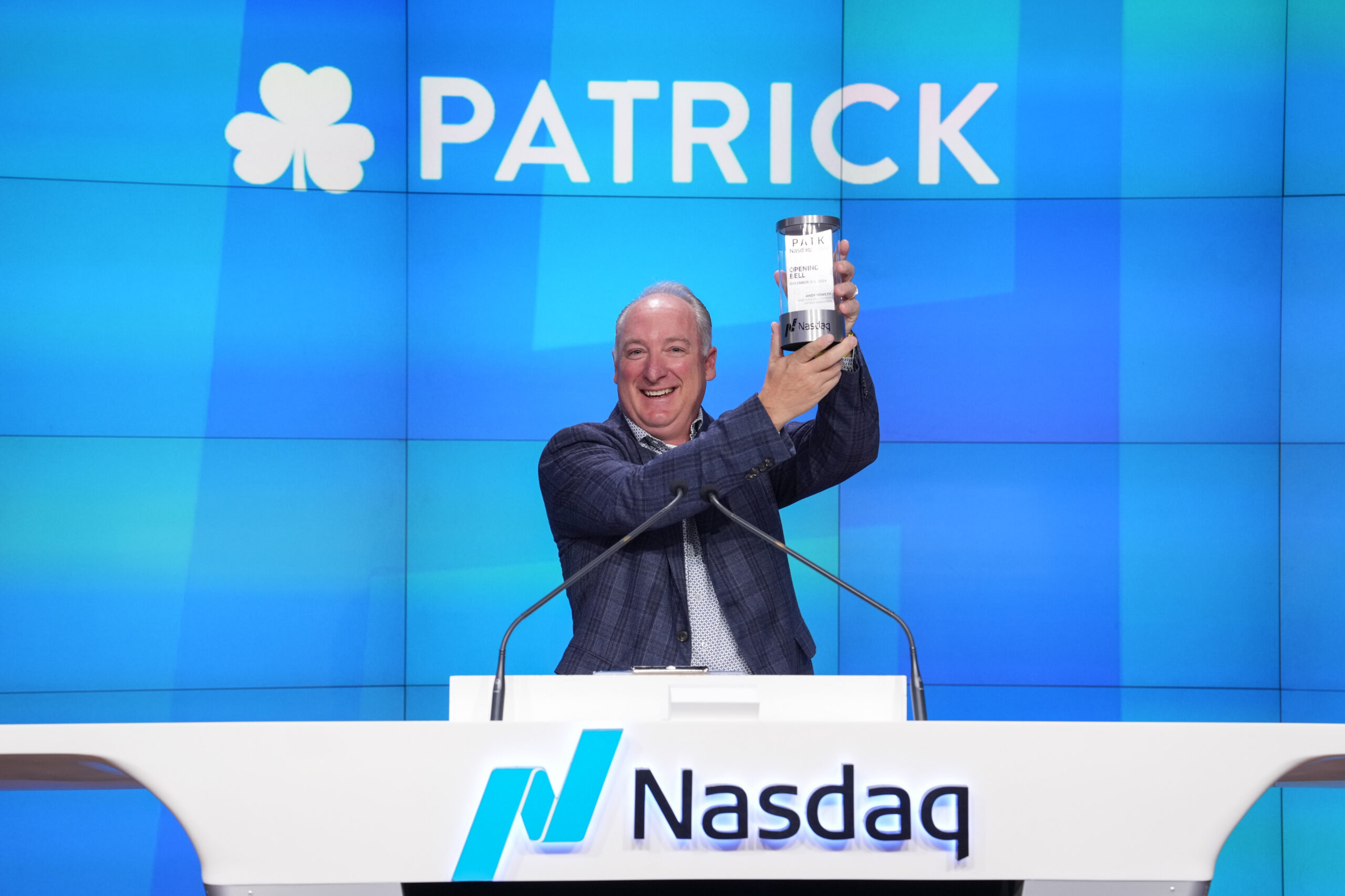 A picture of Patrick CEO Andy Nemeth at Nasdaq Marketsite in New York City.