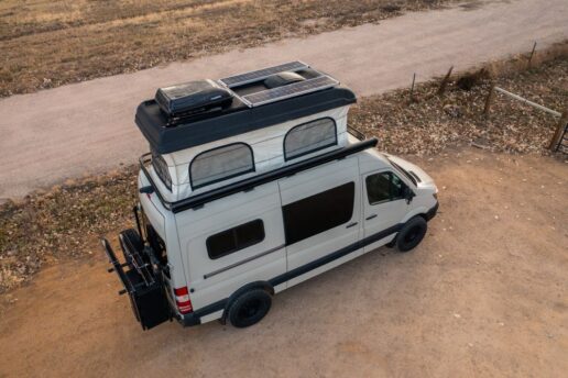 A picture of a Colorado Campervan pop-top on a Mercedes-Benz Sprinter motorhome.