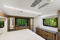 A picture of the master bedroom in Heartland's Corterra 3.7 fifth wheel.