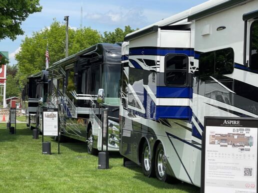 A picture of Entegra Coach 2025 models at the Entegra Homecoming 2024 at the Elkhart County 4-H Fairgrounds in Goshen, Indiana.