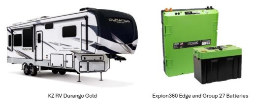 A picture of KZ RV's Durango Gold fifth wheel, Expion360 Edge and Expion Group 27 batteries.