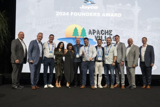 A picture of Apache Village RV Center team members, who won the Jayco Founders Award at the manufacturer's 2024 Dealer Homecoming in Las Vegas.