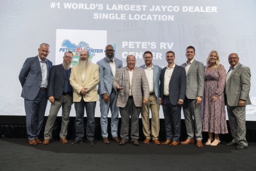 A picture of Pete's RV Center team members, who won the Jayco Overall Sales Volume Leader, Single Location award at the manufacturer's 2024 Dealer Homecoming in Las Vegas.