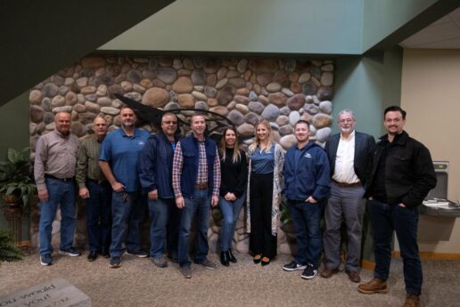 A picture of the Jayco Energy Team (L to R) Phillip Geise, Jayco special projects manager; Gregory Baumgartner, Jayco senior electrical engineer; Adam Clevenger, Jayco maintenance & facilities manager; David Borkholder, Jayco vice president of manufacturing; Scott Myers, Jayco Director of facilities & maintenance; Mary Nally, Jayco director of finance; Hannah Golichowski, Jayco internal communications specialist; Austin Miller, Jayco vice president of manufacturing; Jon Burke, Tactical Energy Group co-founder and chief strategist; Daniel Burke, Tactical Energy Group co-founder and CEO.