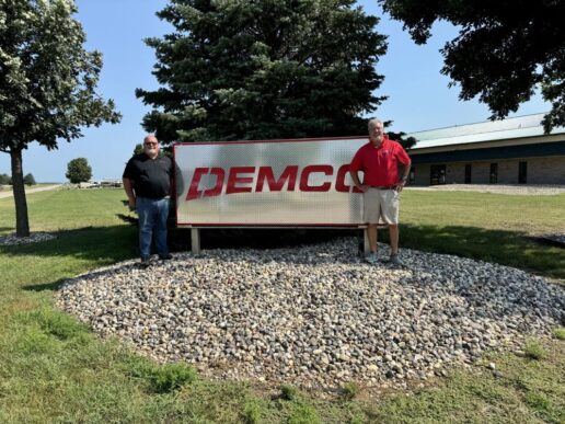 A picture of Demco Plant Manager John Tatman (L) and Bowling RV Sales President and CEO Randy Bowling (R) at the Spencer, Iowa, Demco facility.