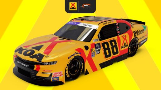 A picture of KOA-sponsored JR Motorsports NASCAR vehicle.