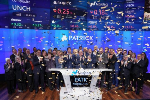 A picture of Patrick Industries employees after ringing the Nasdaq bell in New York City.