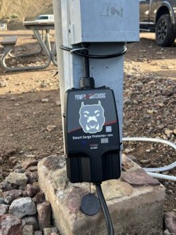 A picture of the second generation Power Watchdog RV Smart Surge Protector connected to shore power.