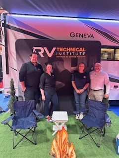 A picture of RV Technical Institute (RVTI) and Blue Compass members at the American School Counselors Association conference booth in Kansas City, Missouri. (L to R) RVTI Senior Manager of Recruitment Justin Rickett, RVTI Dealer Account Specialist/Recruitment Halle Edmister, Blue Compass Kansas City Level 3 technician Stephanie Casey and Blue Compass Kansas City General Manager Jeremy Silvey.