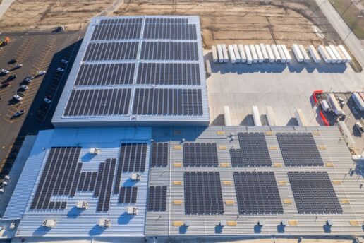 A picture of RV Products' facility roof with solar panels.