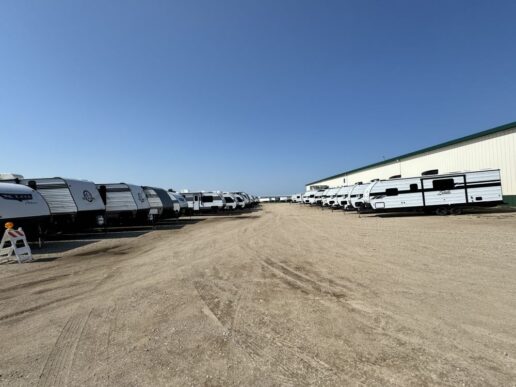 A picture of RVs stored at Demco's Spencer, Iowa, facility. The RVs will go to victims of Iowa's 2024 natural disasters.