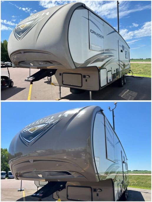 A picture with before and after images of an RV. The top photo is before ReFresh treatment and the lower is after.