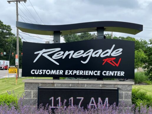 A picture of the Renegade RV Customer Experience Center sign.