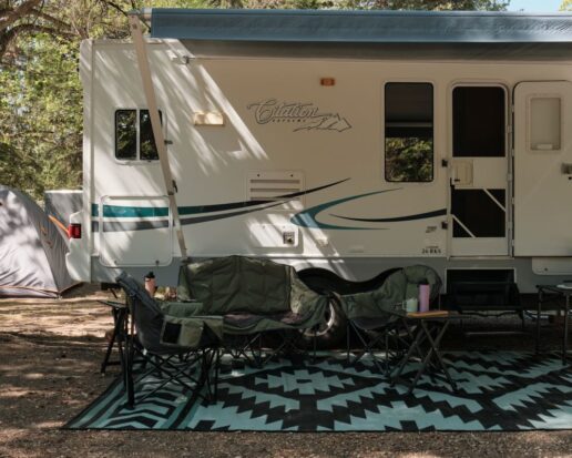 A picture of Kuma's Santa Fe RV mat in a campsite.