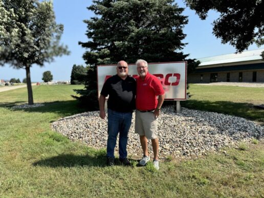 A picture of Demco Plant Manager John Tatman (L) and Bowling RV Sales President and CEO Randy Bowling (R) at the Spencer, Iowa, Demco facility.