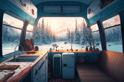 A picture of a Type B camper van with trees and a sunset viewable through the windows