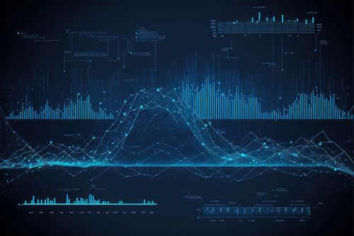 A picture of bright blue vector graphic on a black background depicting data and customer analytics