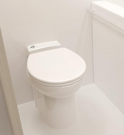 A picture of the Sanimarin 4 Saniflo toilet installed in an RV bathroom