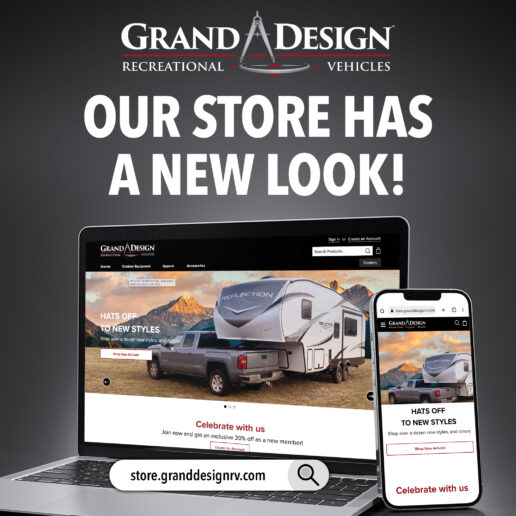 A picture of Grand Design's Merchandise Store Announcement that says, "Our Store Has a New Look!"