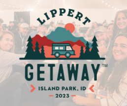 A picture of the Lippert Getaway logo superimposed over a picture of smiling consumers.