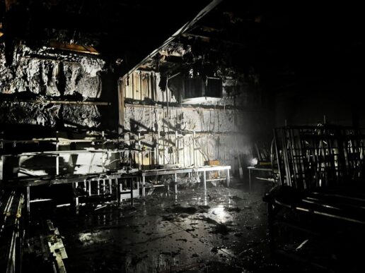 A picture of the fire damage at the Encore RV weld shop.