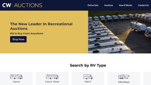 A screenshot of the homepage for CW Auctions, an RV auction site run by Camping World.