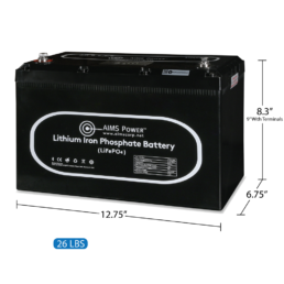 A picture of Aims' 104-amp, 12-volt Lithium Battery.