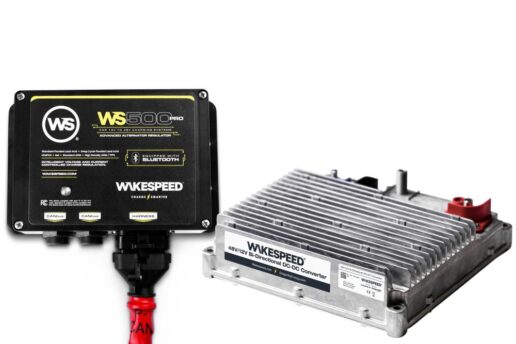A picture of Dragonfly Energy's new Wakespeed products. The Wakespeed 500 Pro (WS500 Pro) Bluetooth Alternator Regulator (L) and the Wakespeed 48-volt/12-volt Bi-Directional Direct Current (DC) to DC Converter (WS48-12x) (R)