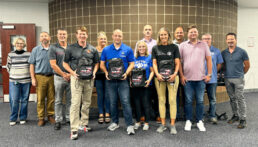 Juday and Reilly are joined by area Superintendent Dr. Randy Miller, Meadowview Elementary Principal Drew Graber, Topeka Elementary Principal Allisa McDonald, Shipshewana-Scott Elementary Principal Amy Garber and other staffers during the backpack donation.