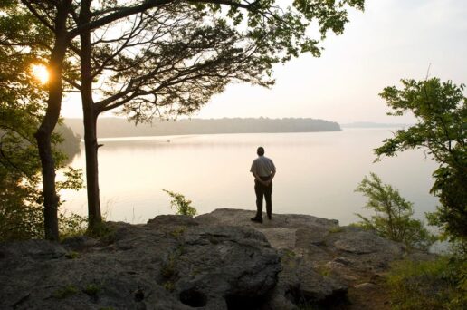 A picture from behind of a man on a rock looking out at a large Tennessee lake just before sunset.