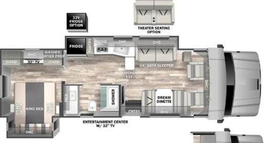 A picture of the floorplan for the 2025 Dynamax Europa 32KD Type C motorhome.