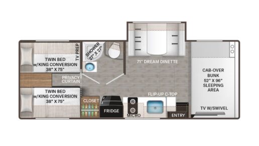 A picture of the floorplan for the 2025 Thor Motor Coach Four Winds 25Z Type C motorhome.