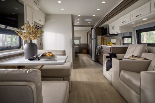 A picture of the interior from front to back of the 2026 Newmar Grand Star Super C motorhome.