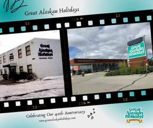 A side-by-side picture of the Great Alaskan Holidays dealership when it first opened and now.