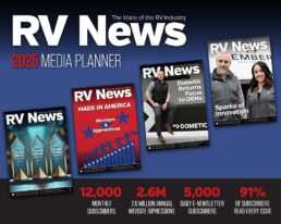 A picture of RV News magazine's 2025 Media Kit cover depicting 12,000 monthly subscribers, 2.6 million annual website impression and four magazine covers.