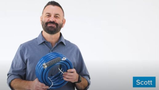 A screenshot of a video promoting Camco's kink resistant pro-grade RV drinking water hose.